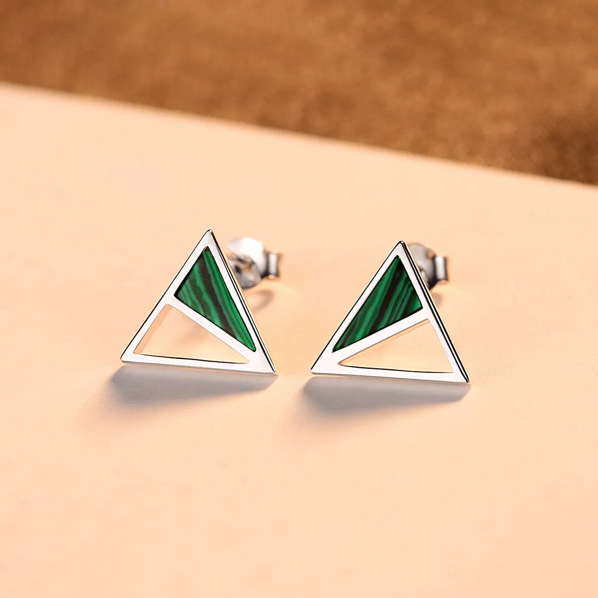 Pair of green malachite stud earrings in pure silver with geometric Korean-style design