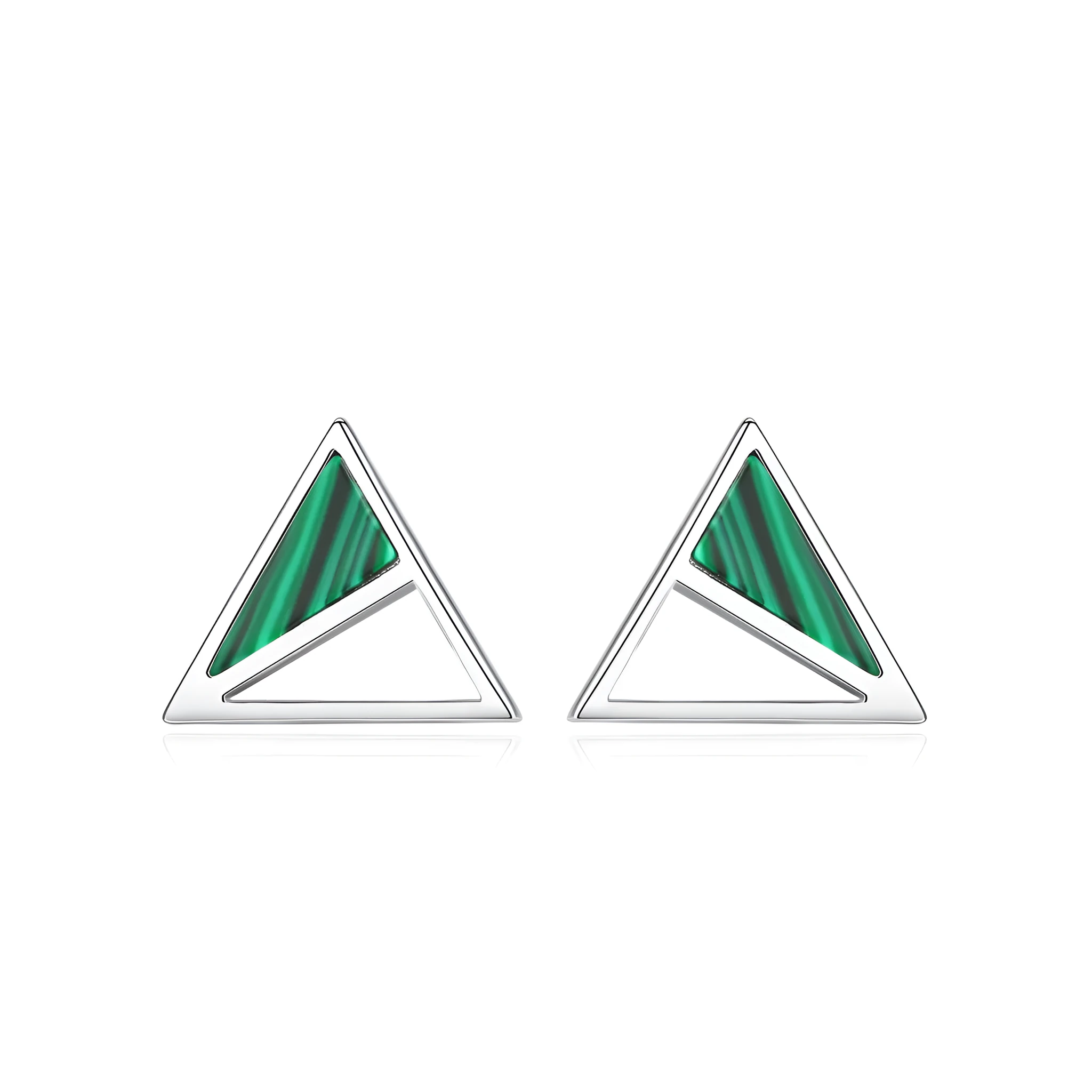 Pair of green malachite stud earrings in pure silver with geometric Korean-style design