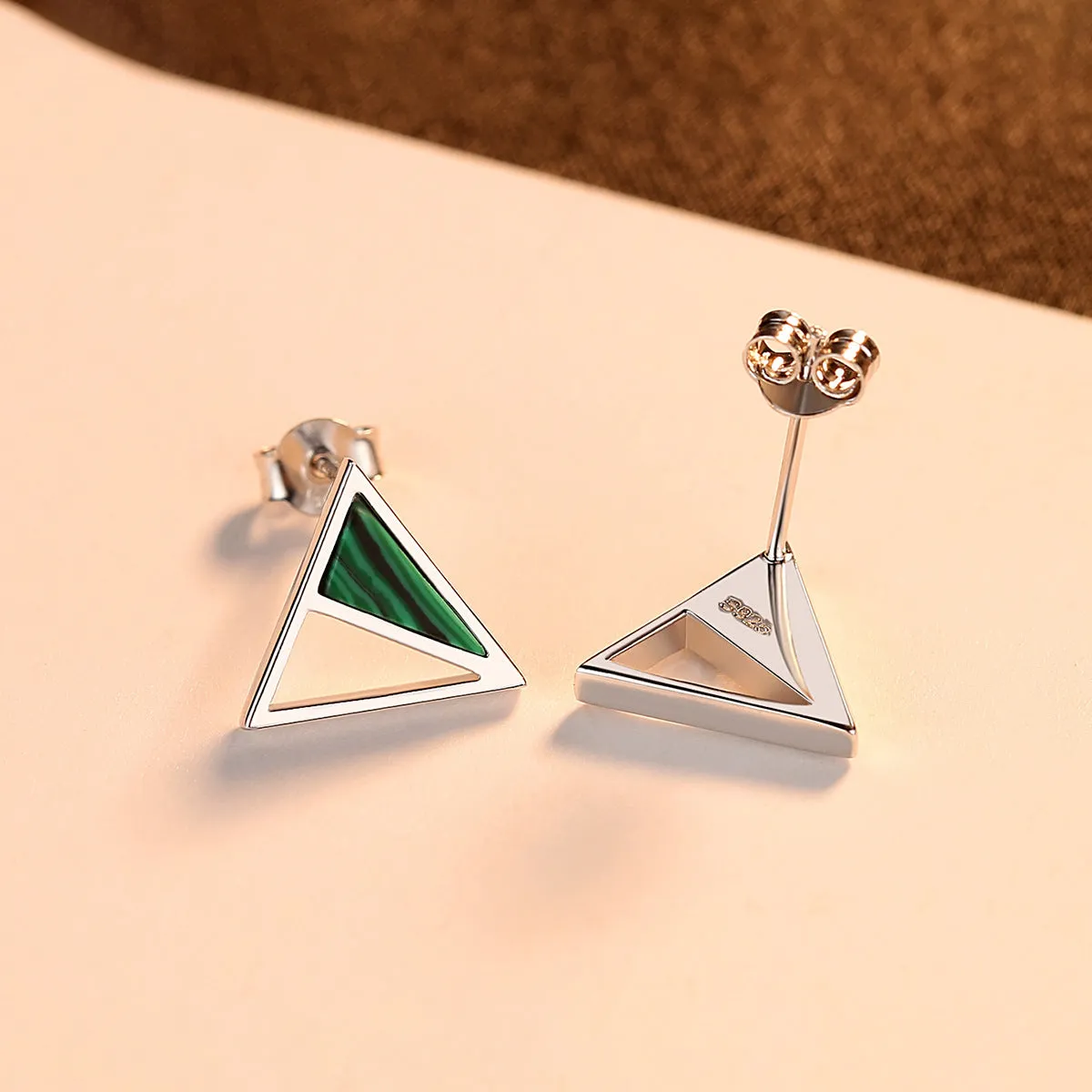 Pair of green malachite stud earrings in pure silver with geometric Korean-style design