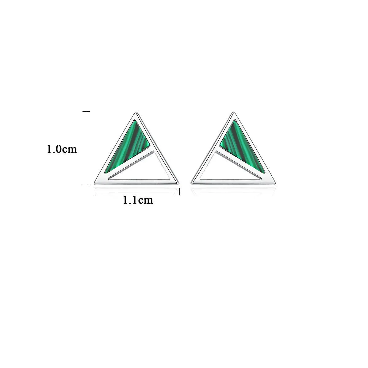 Pair of green malachite stud earrings in pure silver with geometric Korean-style design