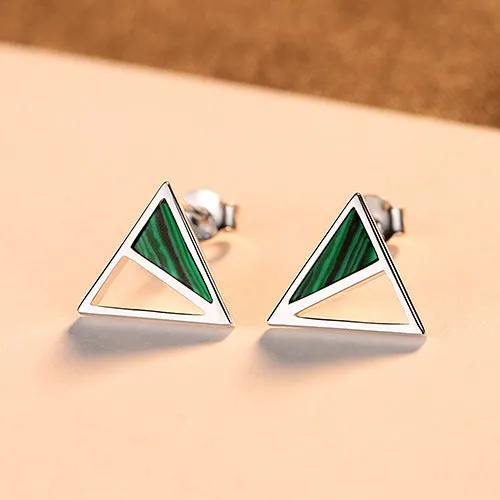 Pair of green malachite stud earrings in pure silver with geometric Korean-style design