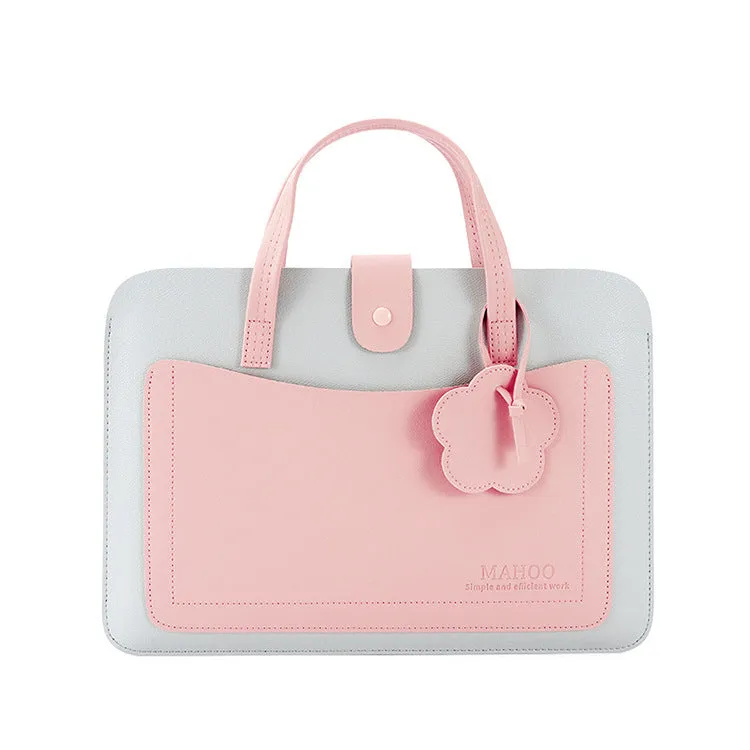 Portable thin flower drawstring computer bag in light blue, waterproof PVC laptop sleeve with soft handle