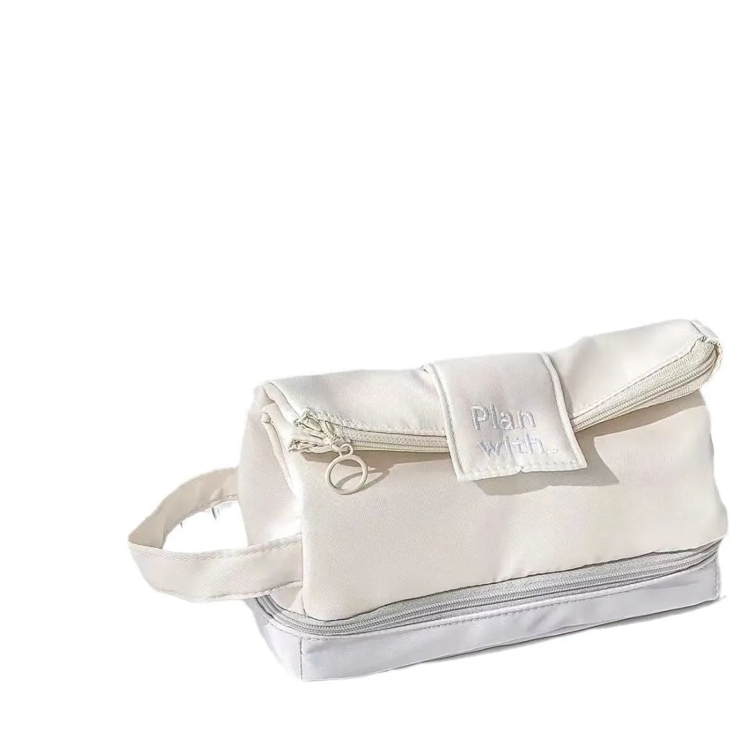 Double layer folding pencil case in polyester fabric showing navy blue, blue, and cream white colour options.