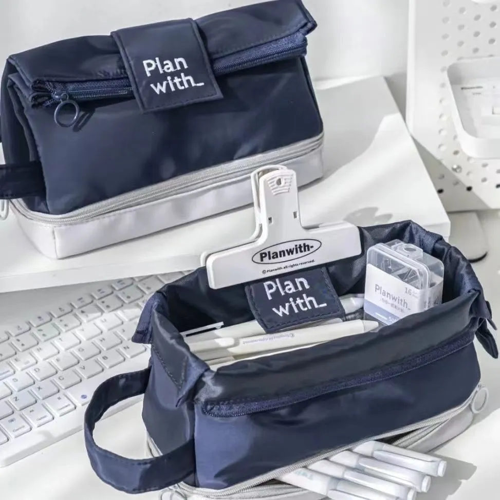 Double layer folding pencil case in polyester fabric showing navy blue, blue, and cream white colour options.