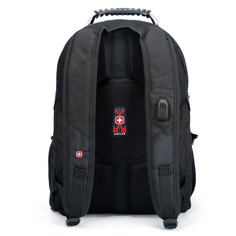 Black outdoor backpack with hand, shoulder, and backpack straps, polyester lining, fits 15.6 inch laptop