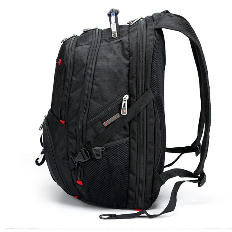 Black outdoor backpack with hand, shoulder, and backpack straps, polyester lining, fits 15.6 inch laptop