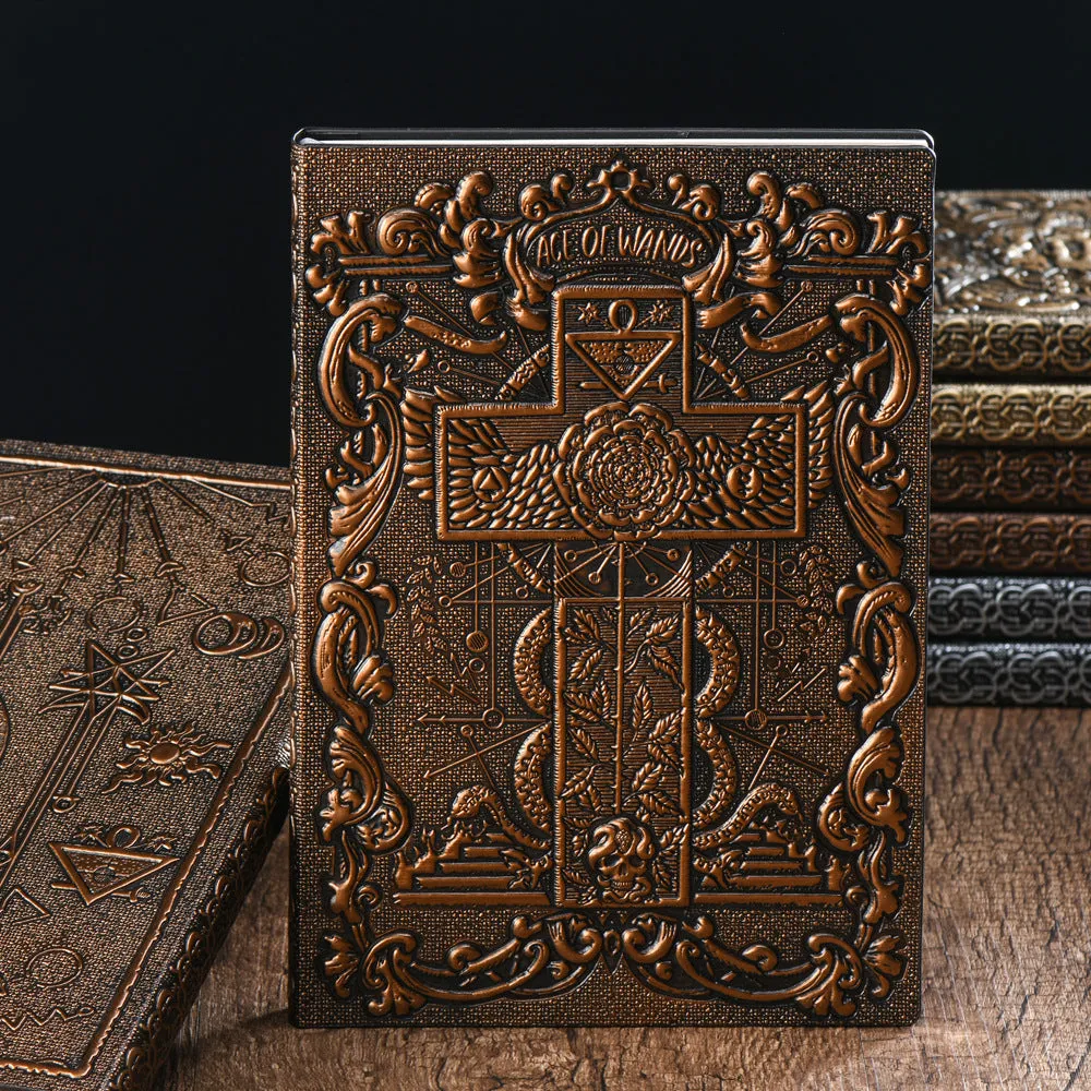 Tarot card retro embossed PU notebook with bronze cover, A5 size, 20.8x14.2cm, showing embossed design on cover