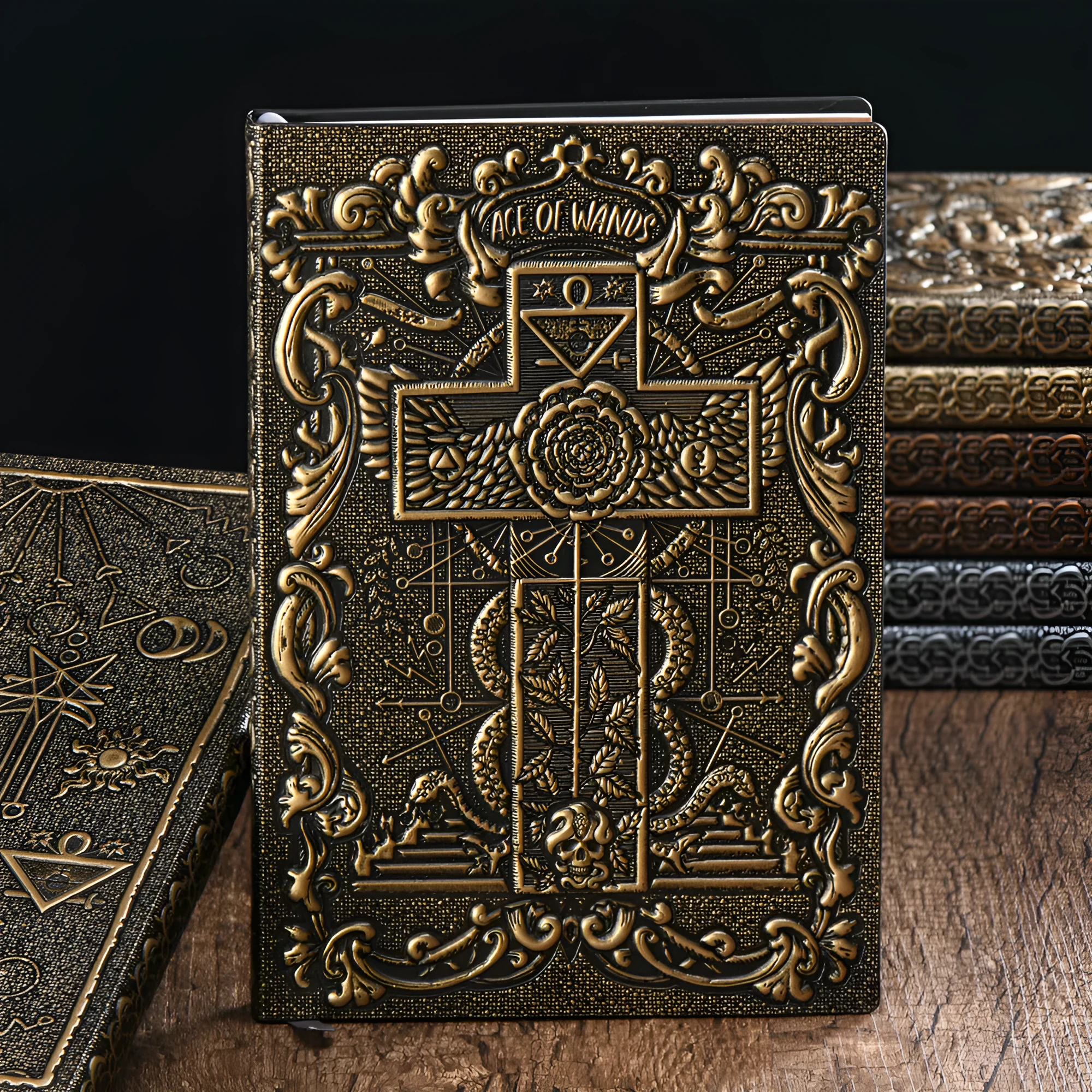 Tarot card retro embossed PU notebook with bronze cover, A5 size, 20.8x14.2cm, showing embossed design on cover