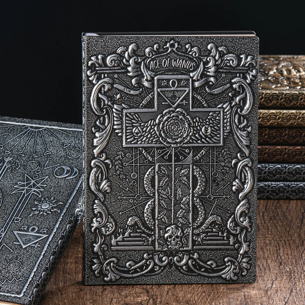 Tarot card retro embossed PU notebook with bronze cover, A5 size, 20.8x14.2cm, showing embossed design on cover