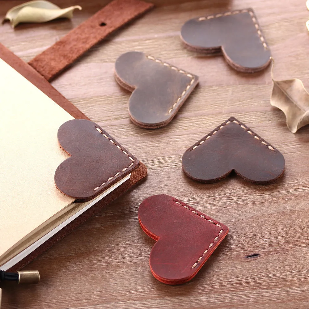 Heart-shaped leather bookmark in brown, handmade from first layer cowhide, 5x5 cm