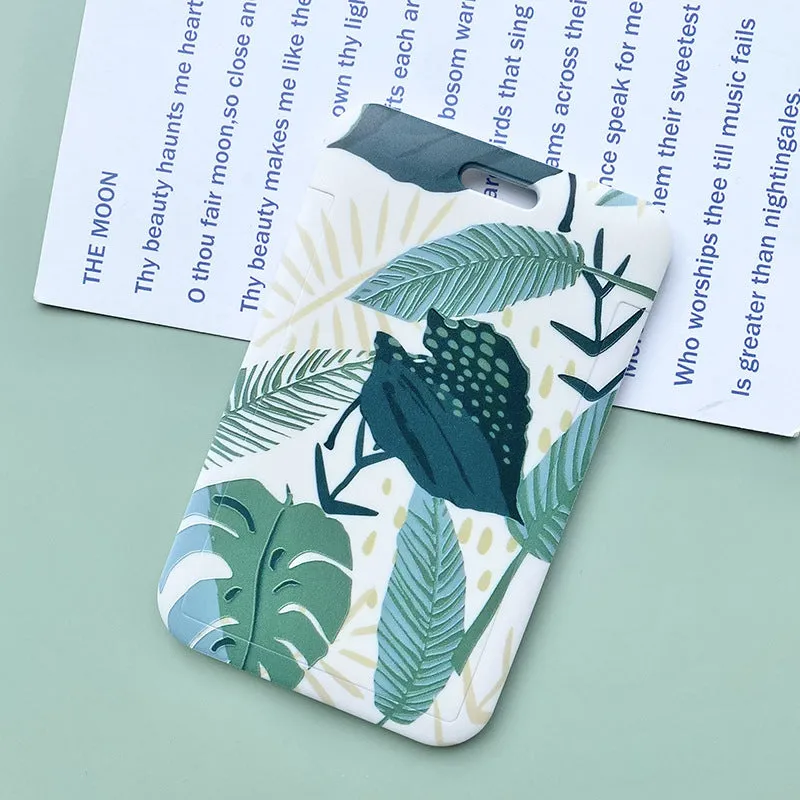 Green plant series simple fashion lanyard card cover with Monstera deliciosa diamond grid design, plastic 110mm x 70mm on a white background
