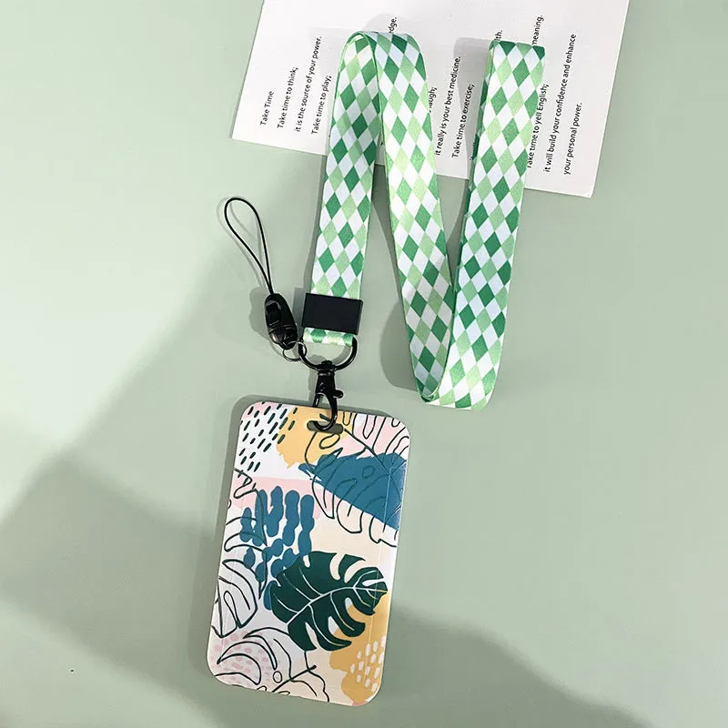 Green plant series simple fashion lanyard card cover with Monstera deliciosa diamond grid design, plastic 110mm x 70mm on a white background