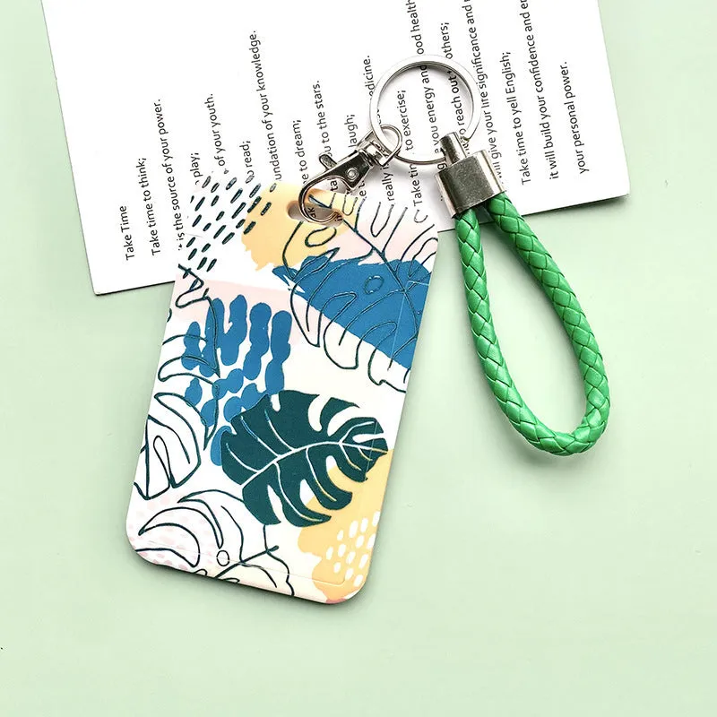 Green plant series simple fashion lanyard card cover with Monstera deliciosa diamond grid design, plastic 110mm x 70mm on a white background