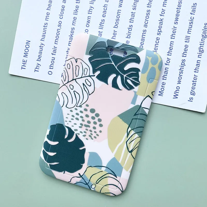 Green plant series simple fashion lanyard card cover with Monstera deliciosa diamond grid design, plastic 110mm x 70mm on a white background