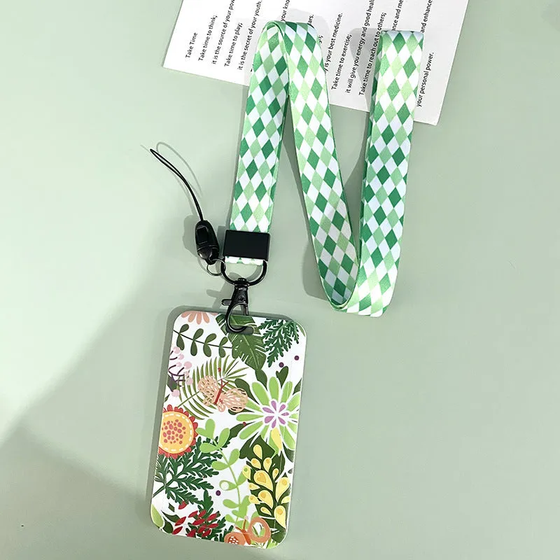 Green plant series simple fashion lanyard card cover with Monstera deliciosa diamond grid design, plastic 110mm x 70mm on a white background
