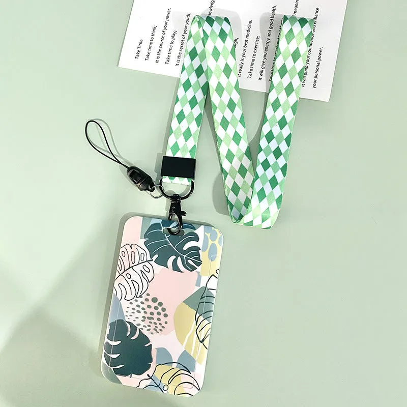 Green plant series simple fashion lanyard card cover with Monstera deliciosa diamond grid design, plastic 110mm x 70mm on a white background