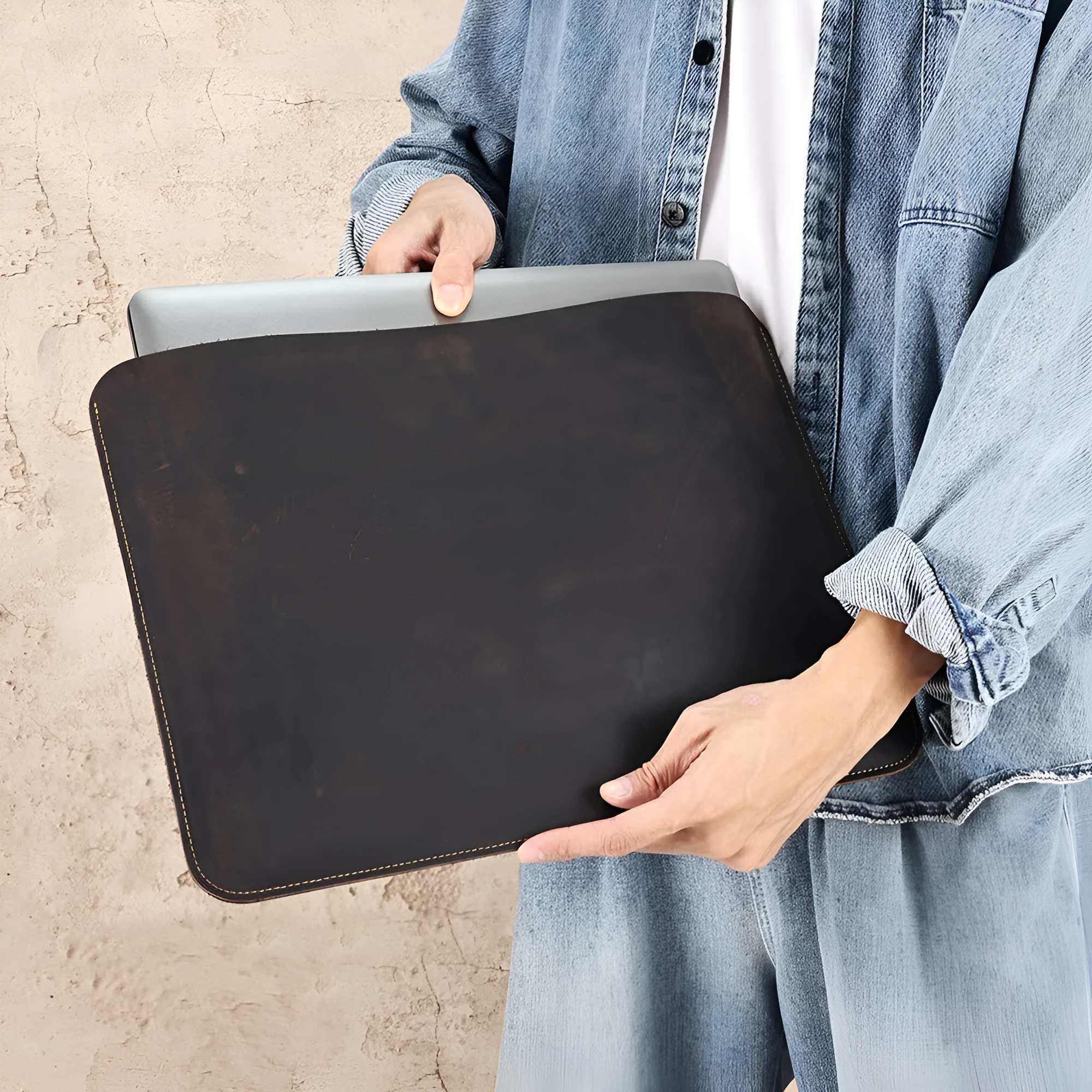Brown genuine leather computer bag with horizontal design for laptops and tablets