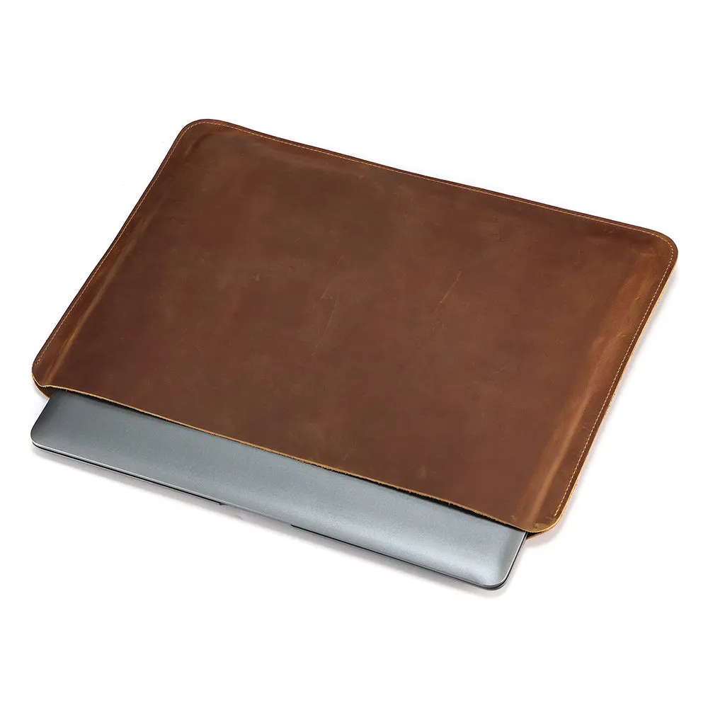 Brown genuine leather computer bag with horizontal design for laptops and tablets