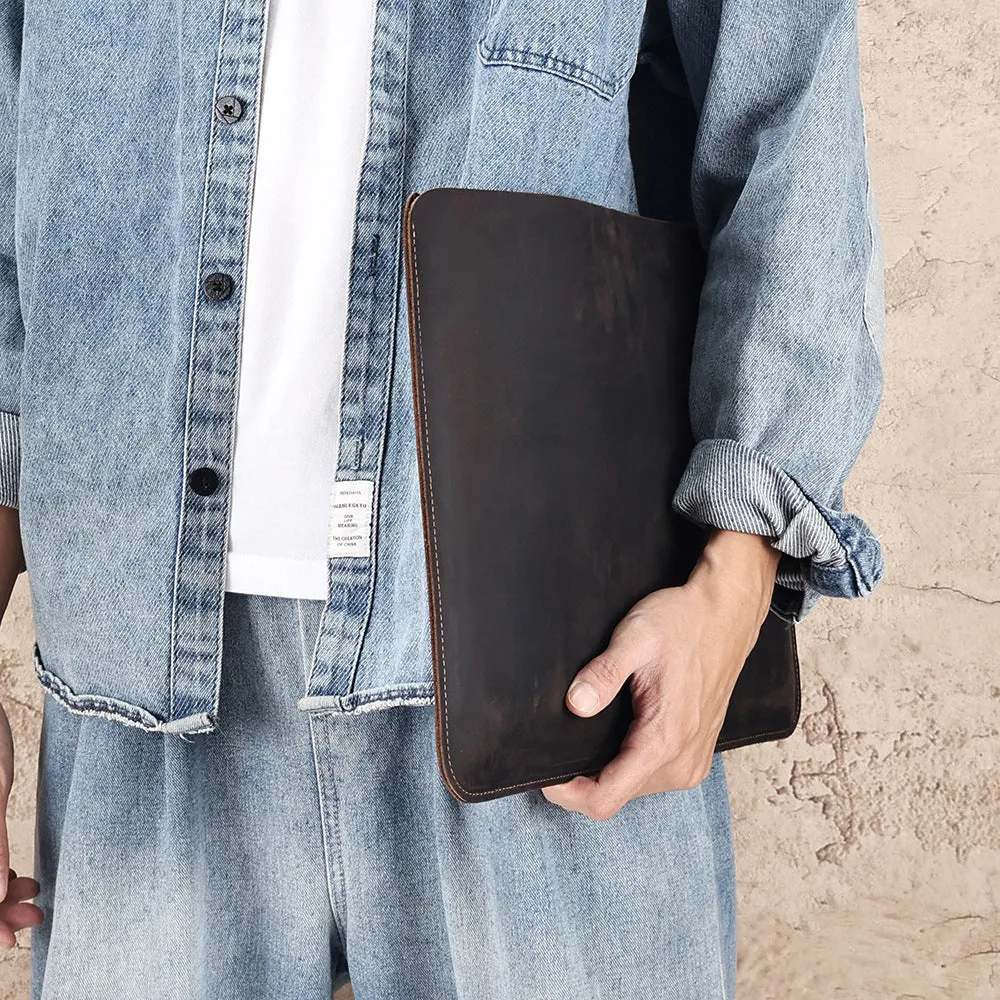 Brown genuine leather computer bag with horizontal design for laptops and tablets