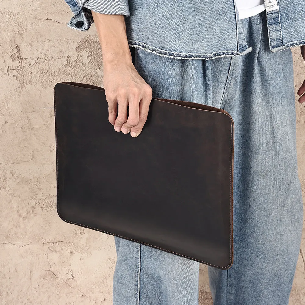 Brown genuine leather computer bag with horizontal design for laptops and tablets
