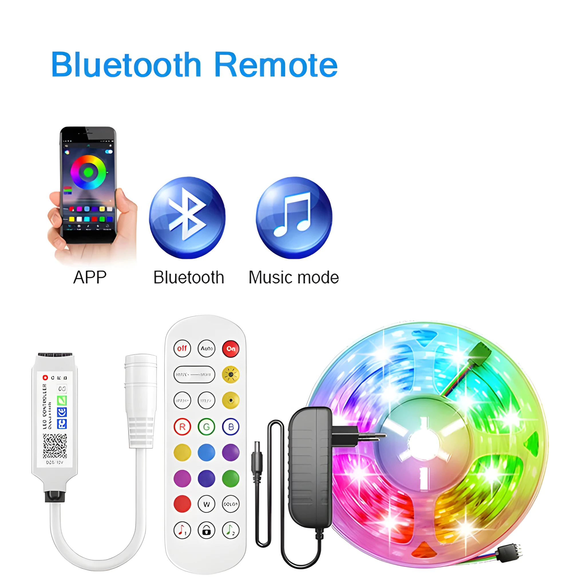 24-key mini Bluetooth DC header RGB controller for 5050 LED strip lights with 5-24V input and non-waterproof design