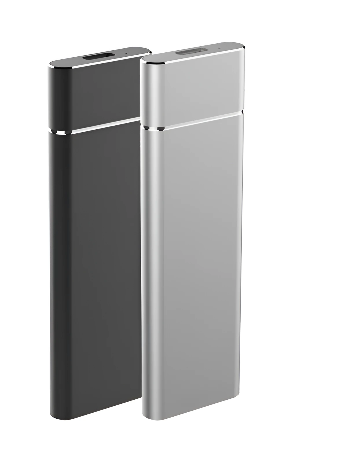 Silver aluminium alloy M.2 NGFF to USB 3.1 SSD mobile hard disk enclosure on a wooden desk