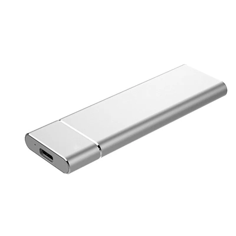 Silver aluminium alloy M.2 NGFF to USB 3.1 SSD mobile hard disk enclosure on a wooden desk