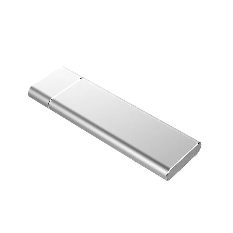 Silver aluminium alloy M.2 NGFF to USB 3.1 SSD mobile hard disk enclosure on a wooden desk
