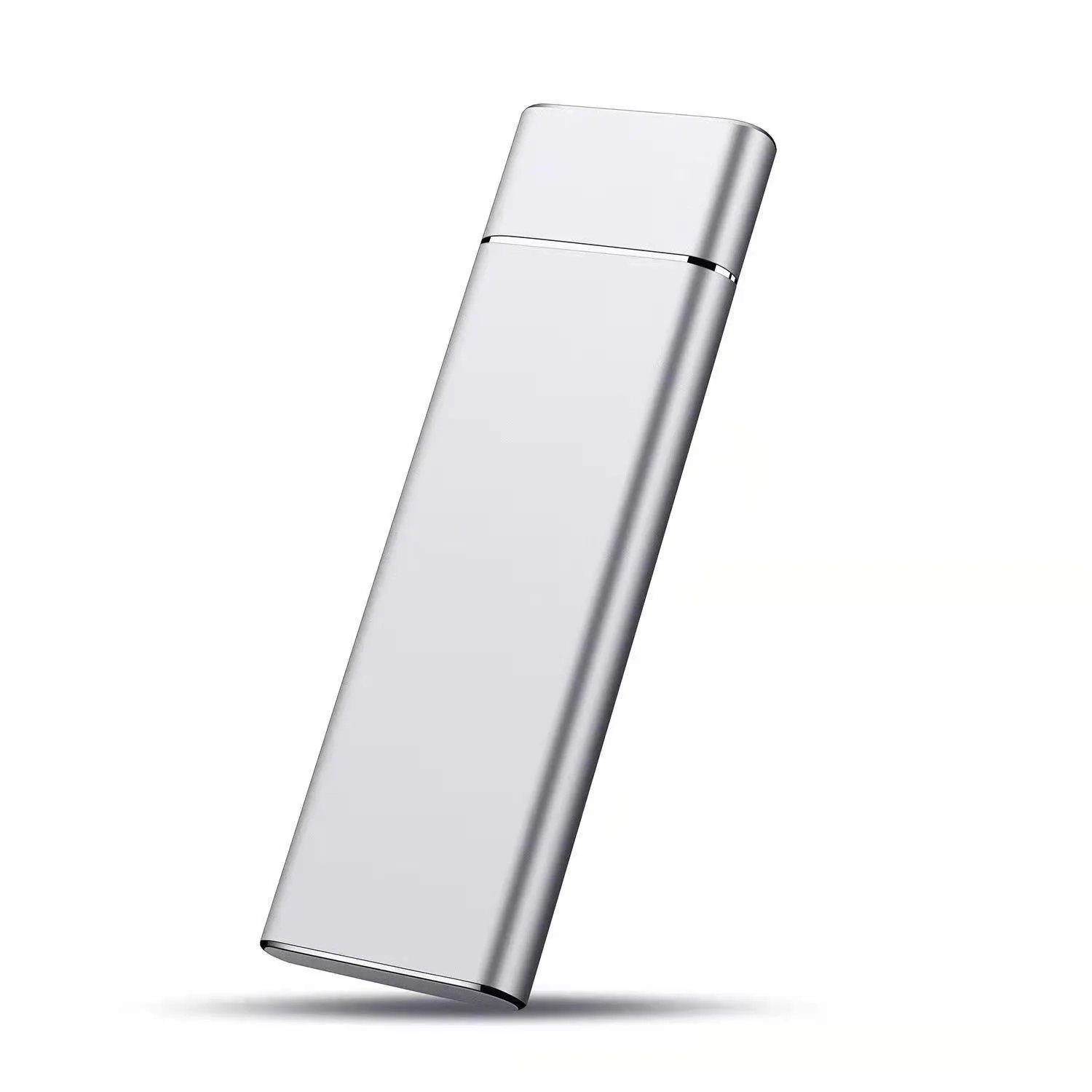 Silver aluminium alloy M.2 NGFF to USB 3.1 SSD mobile hard disk enclosure on a wooden desk