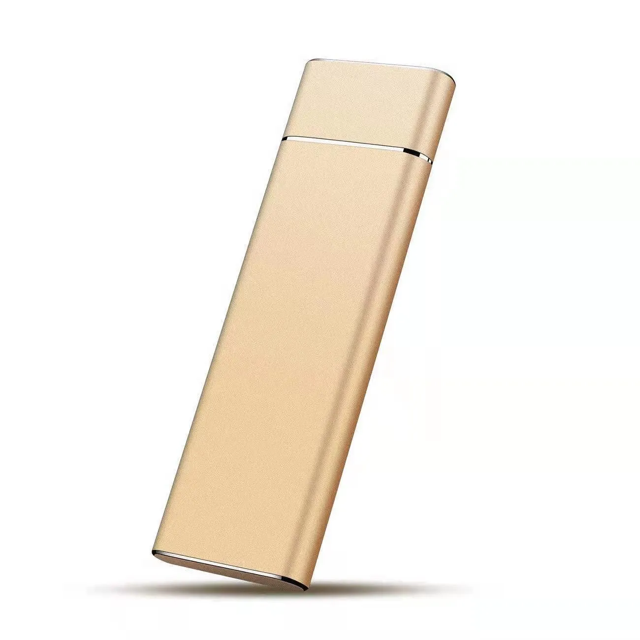 Silver aluminium alloy M.2 NGFF to USB 3.1 SSD mobile hard disk enclosure on a wooden desk