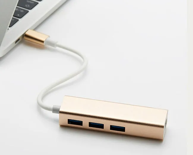 USB 3.0 to RJ45 Type-C Ethernet adapter hub in Champagne Gold, compact size 85x23.5x16.5mm