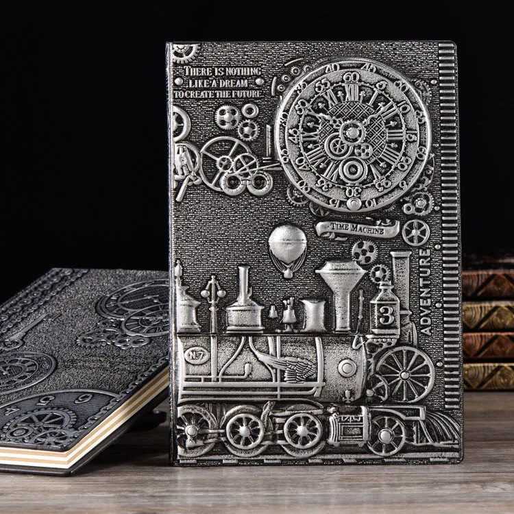 Retro embossed A5 notepad diary in green bronze, red bronze, and silver colour options