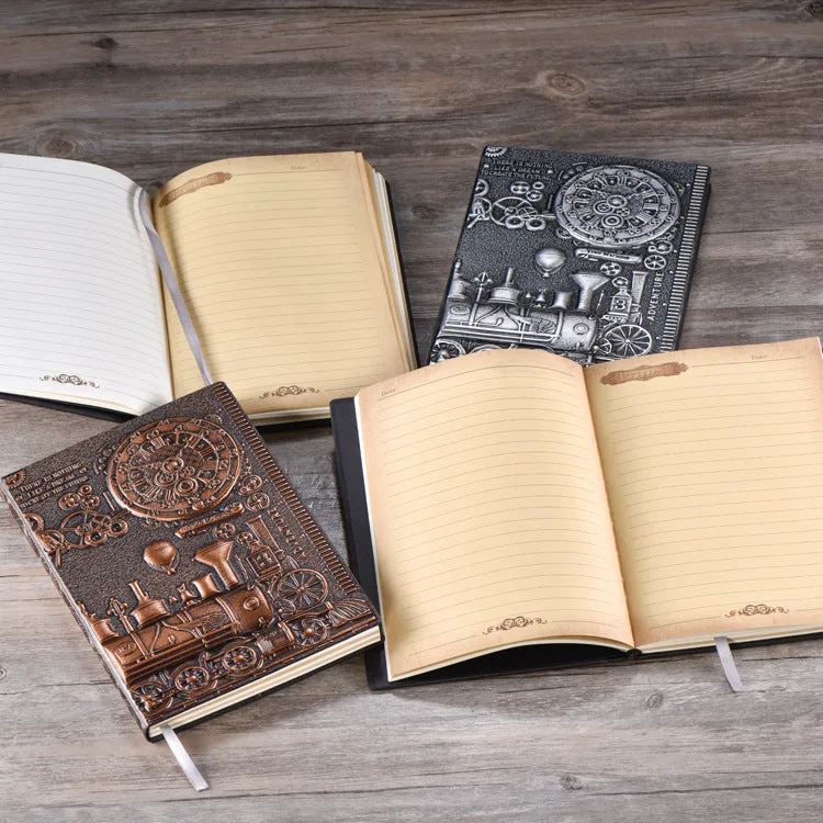 Retro embossed A5 notepad diary in green bronze, red bronze, and silver colour options