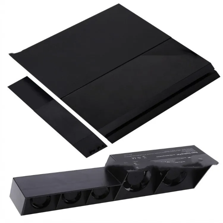 Black PS4 host turbo fan with dual DC5V cooling fans and temperature control, includes AC adapter