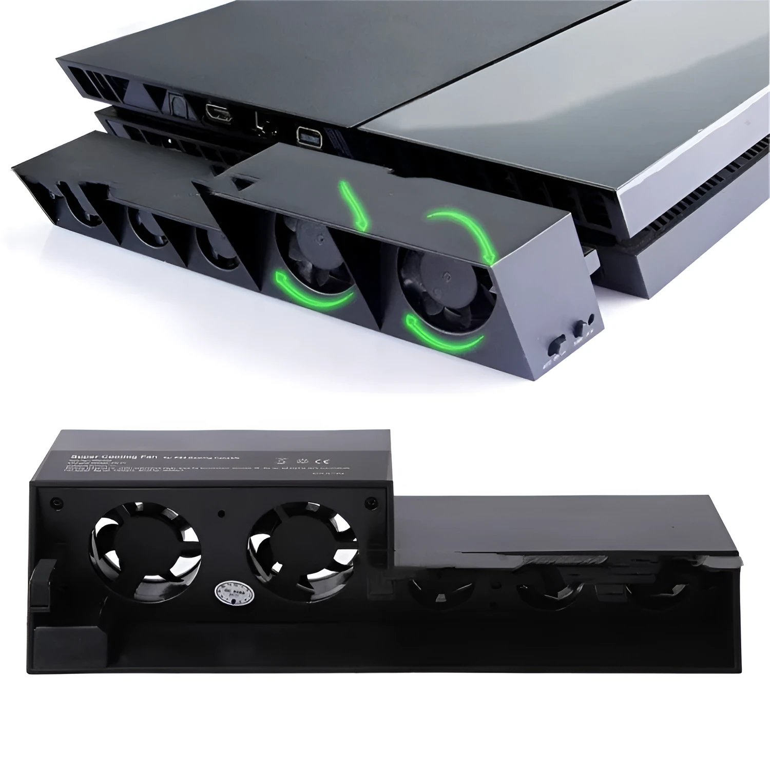 Black PS4 host turbo fan with dual DC5V cooling fans and temperature control, includes AC adapter