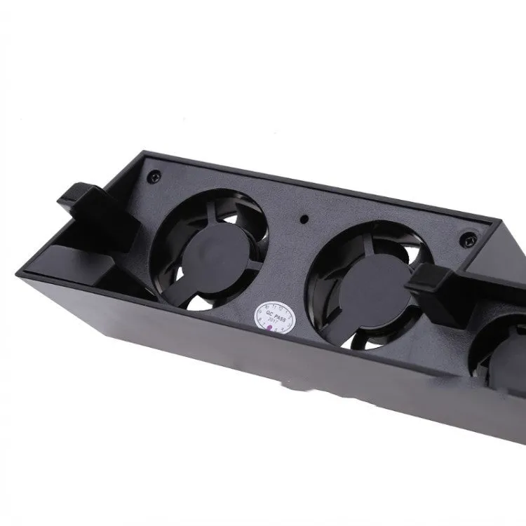 Black PS4 host turbo fan with dual DC5V cooling fans and temperature control, includes AC adapter