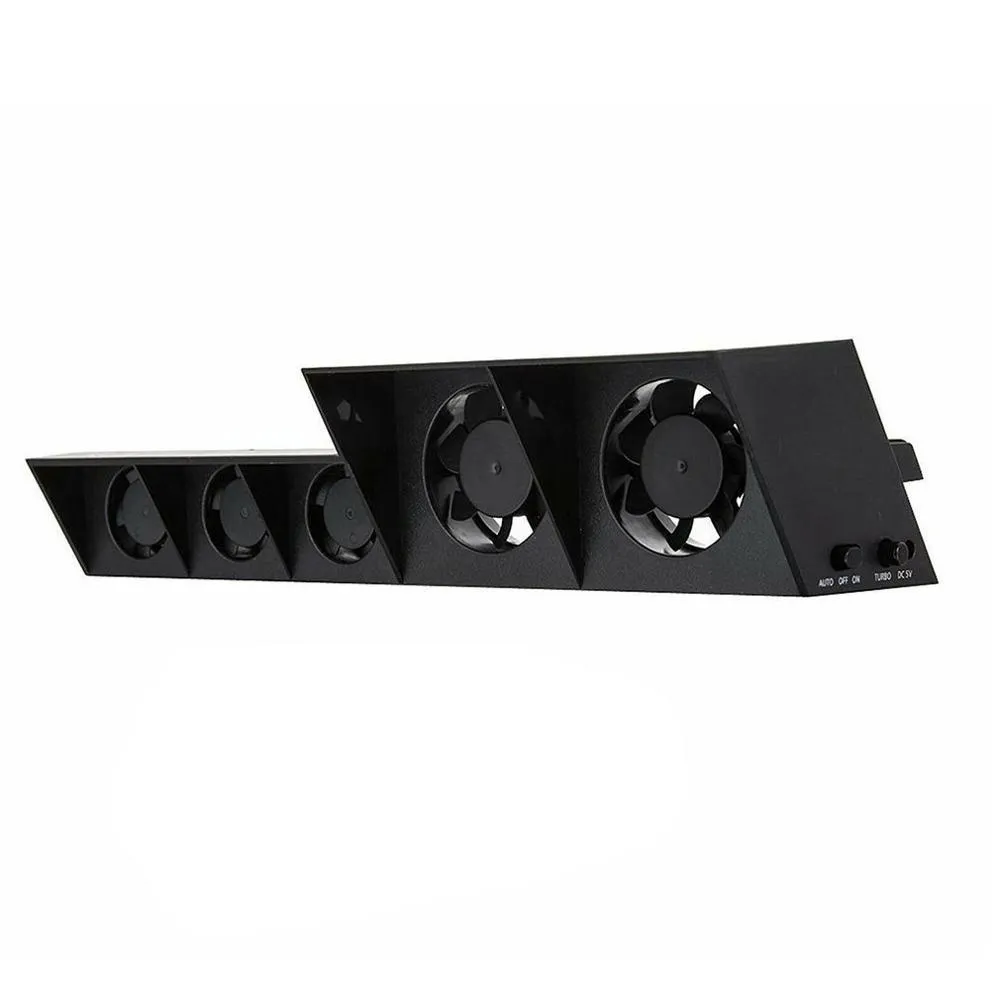 Black PS4 host turbo fan with dual DC5V cooling fans and temperature control, includes AC adapter