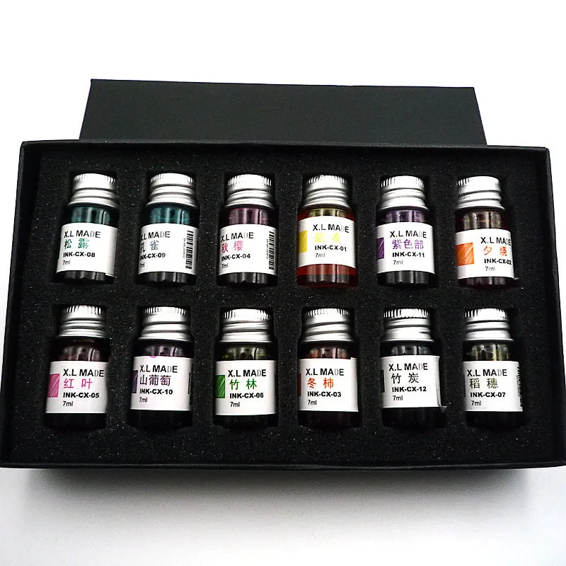 12 colour gold powder dip pen ink set in 7ml high borosilicate glass bottles with gift box