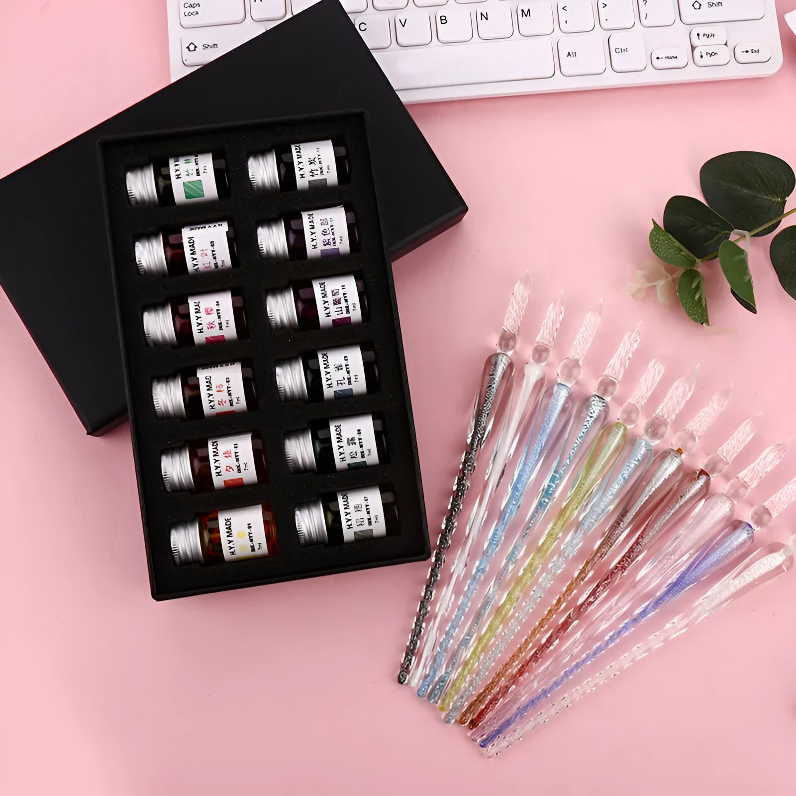 12 colour gold powder dip pen ink set in 7ml high borosilicate glass bottles with gift box