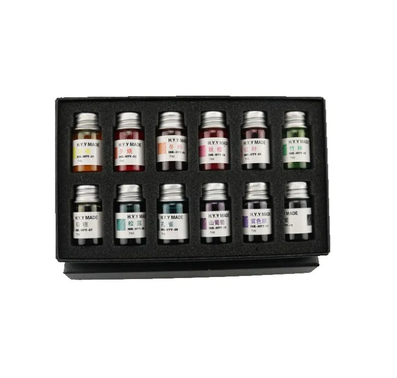 12 colour gold powder dip pen ink set in 7ml high borosilicate glass bottles with gift box