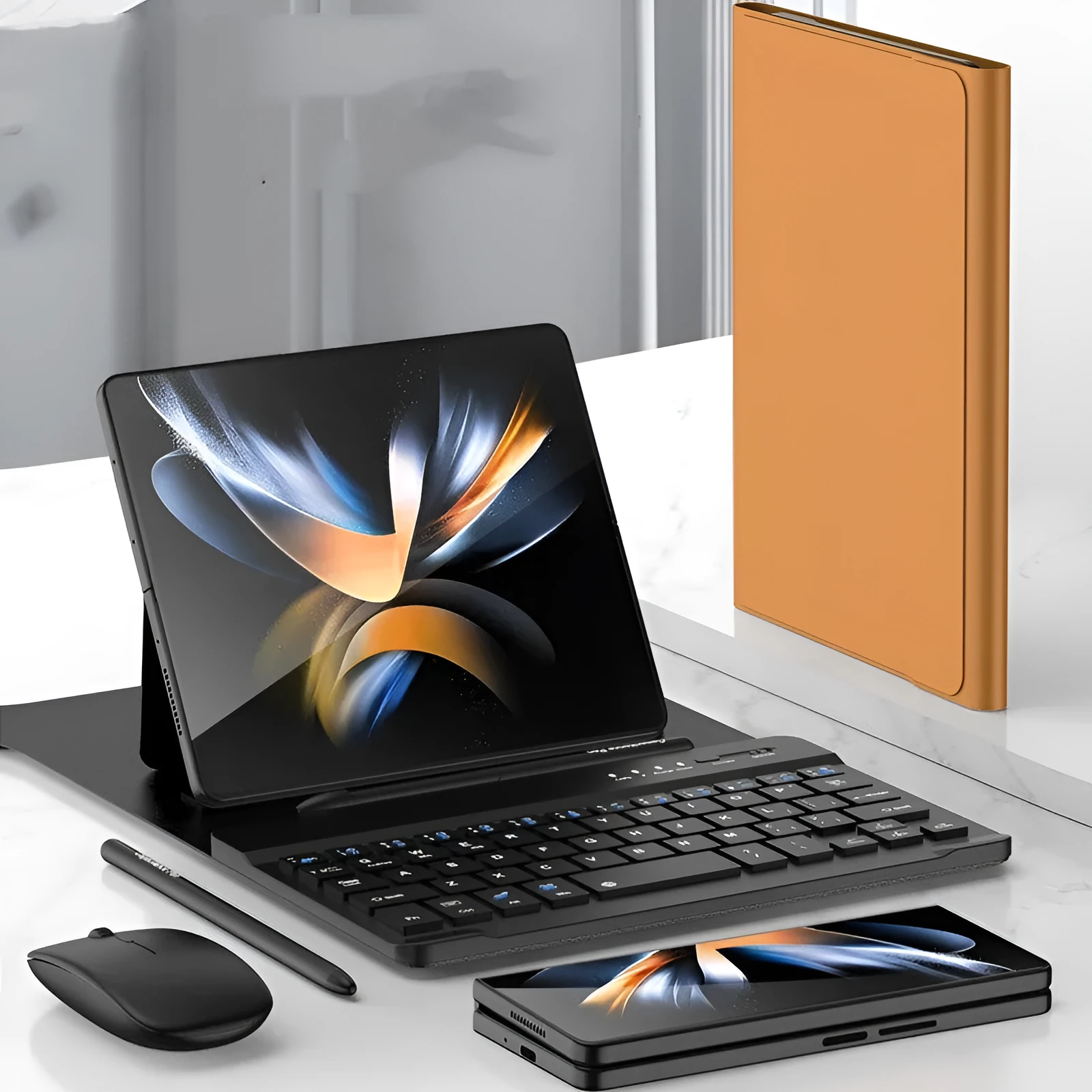 Samsung Fold PU keyboard case with wireless Bluetooth mouse and stylus holder in black
