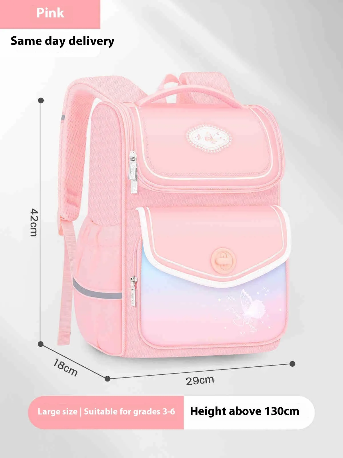 Pink waterproof girls school backpack with large capacity for primary school students