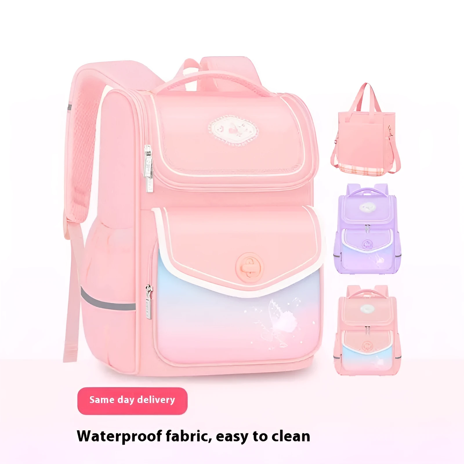 Pink waterproof girls school backpack with large capacity for primary school students