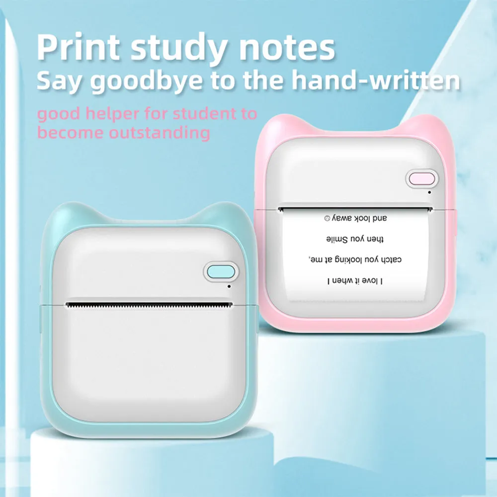 Mini pocket Bluetooth thermal printer in pink with USB charging cable