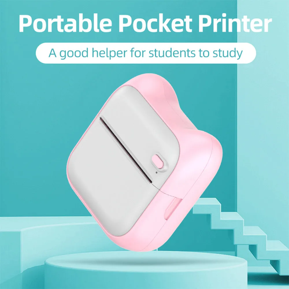 Mini pocket Bluetooth thermal printer in pink with USB charging cable