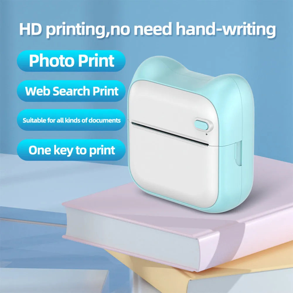 Mini pocket Bluetooth thermal printer in pink with USB charging cable