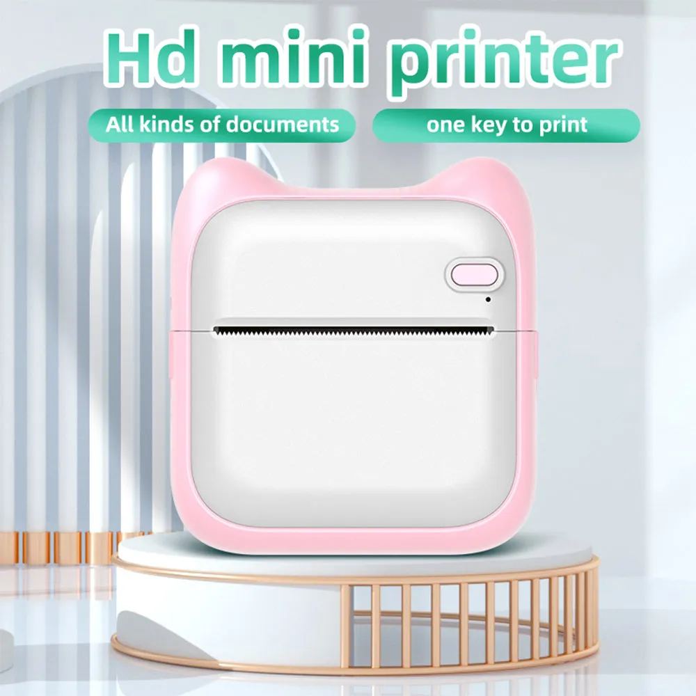 Mini pocket Bluetooth thermal printer in pink with USB charging cable