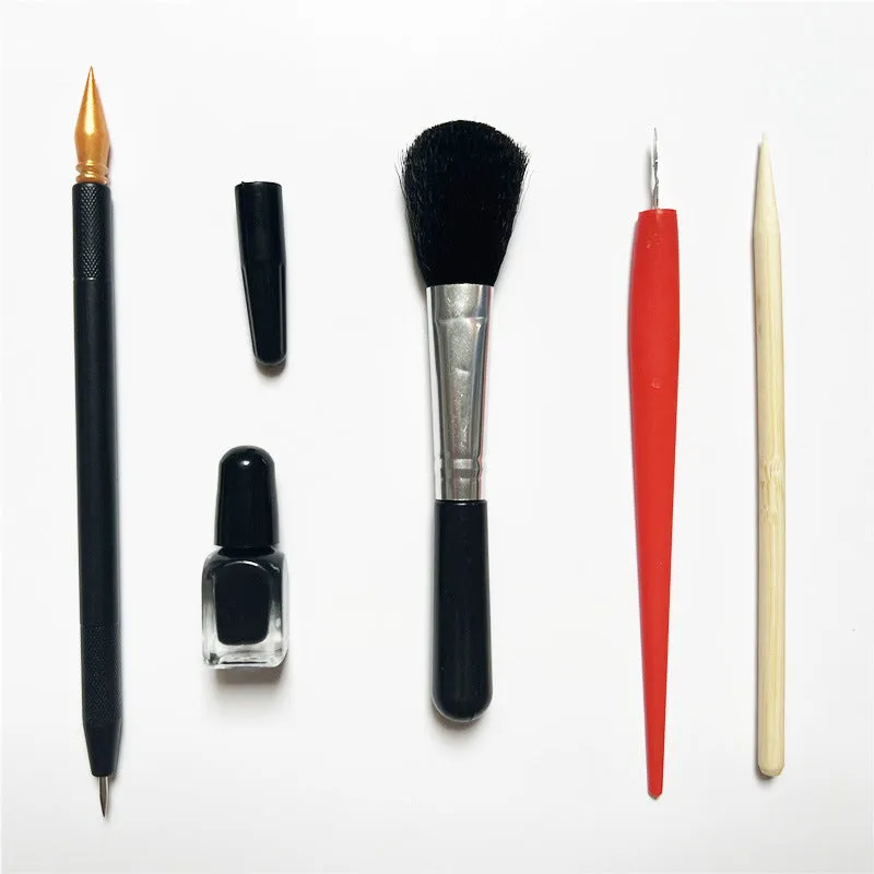 Scratch painting tool set with scraping pen, repair pen, brushes and bamboo sticks for art detailing