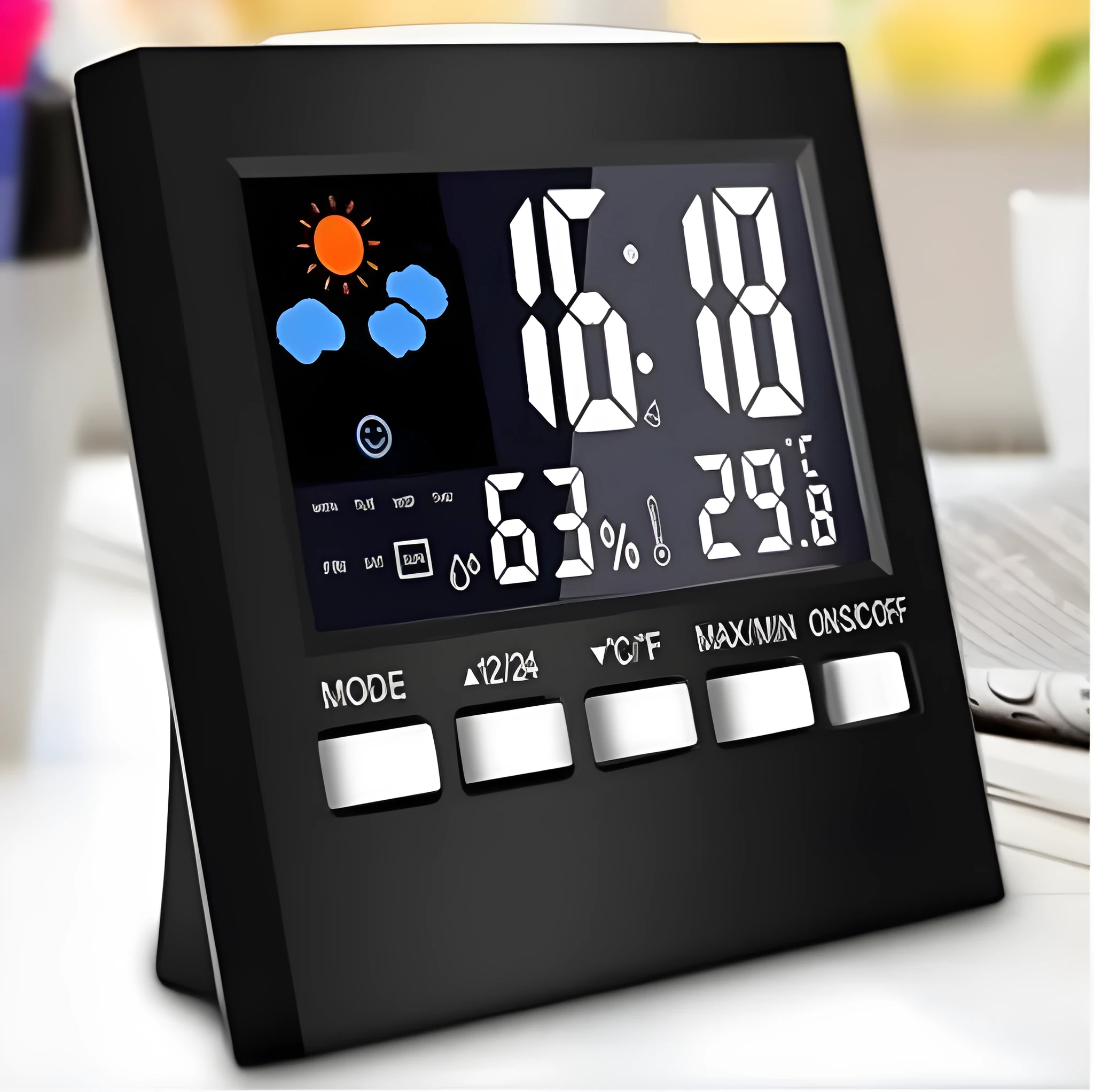 Black multifunctional perpetual calendar clock with alarm, weather forecast, thermometer, and blue backlight on a desk