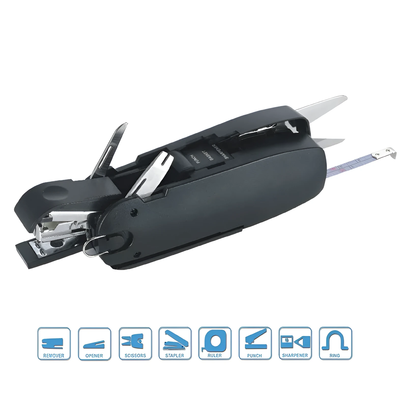 KOONSLED black mini stapler with staple remover on a white surface